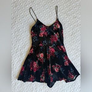 Black velvet short floral romper